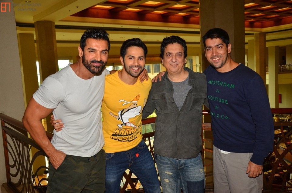 Sajid Nadiadwala with John Abraham, Varun Dhawan and Rohit Dhawan